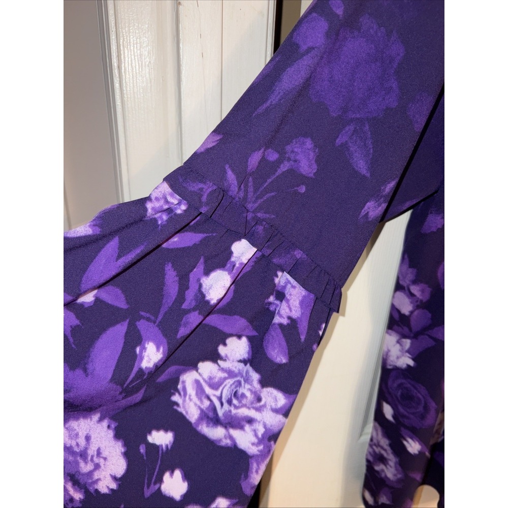 Belle Kim Gravel XL Purple Floral Ruffle Tunic Blouse Bell Sleeve Border Print - Picture 4 of 10
